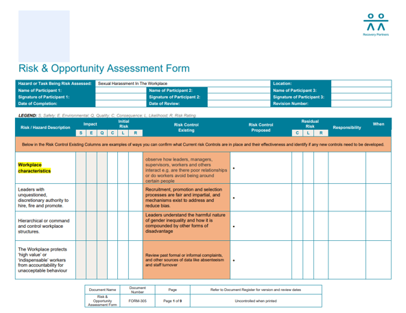 Risk & Opportunity Assessment Form - Sexual Harassment